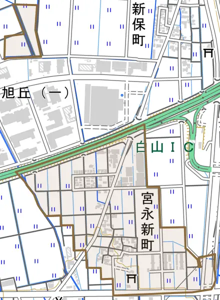宮永新町とその周辺の地図。町の範囲を重ねている