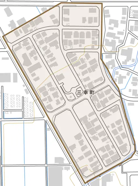 三幸町とその周辺の地図。町の範囲を重ねている