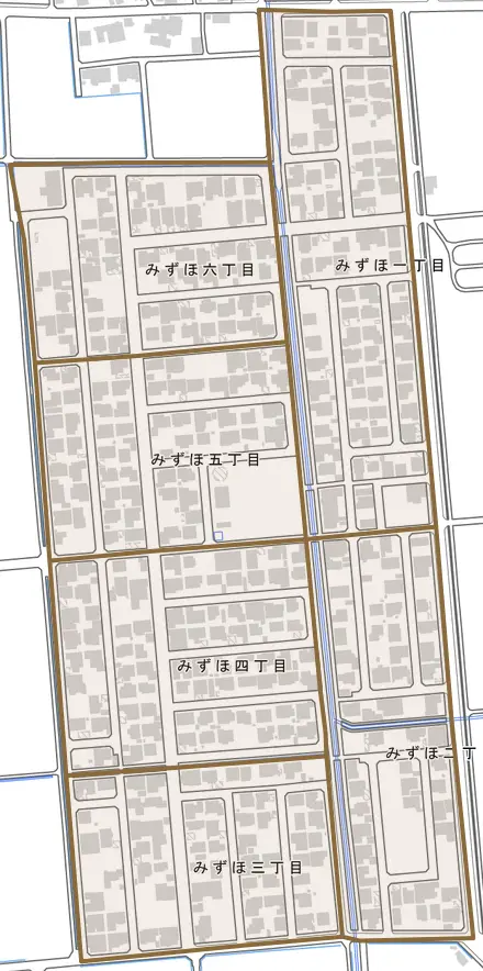 みずほとその周辺の地図。町の範囲を重ねている