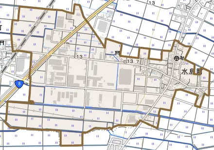 水島町とその周辺の地図。町の範囲を重ねている