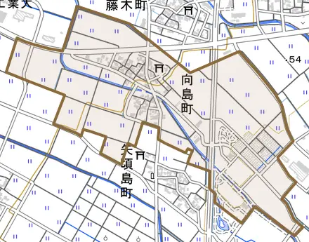 向島町とその周辺の地図。町の範囲を重ねている