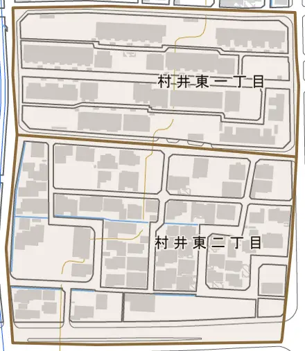 村井東とその周辺の地図。町の範囲を重ねている