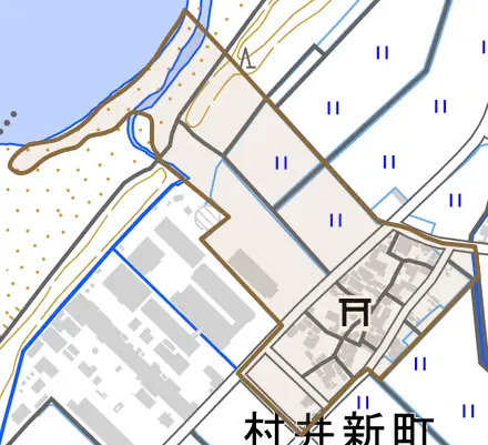村井新町とその周辺の地図。町の範囲を重ねている