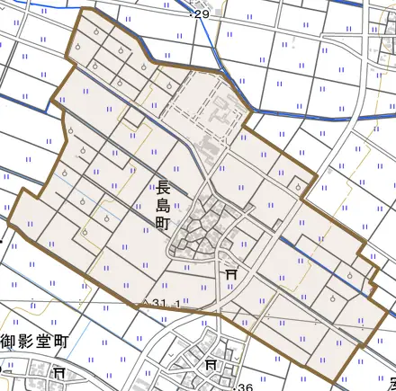 長島町とその周辺の地図。町の範囲を重ねている