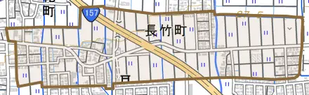 長竹町とその周辺の地図。町の範囲を重ねている