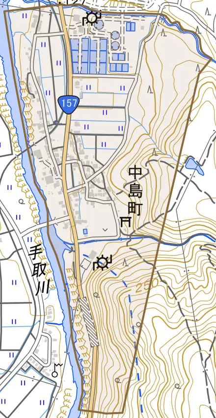 中島町とその周辺の地図。町の範囲を重ねている