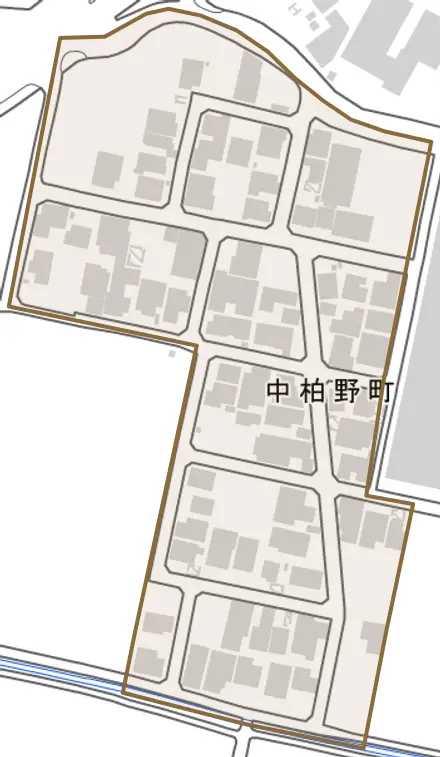 中柏野町とその周辺の地図。町の範囲を重ねている