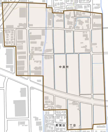 中奥町とその周辺の地図。町の範囲を重ねている