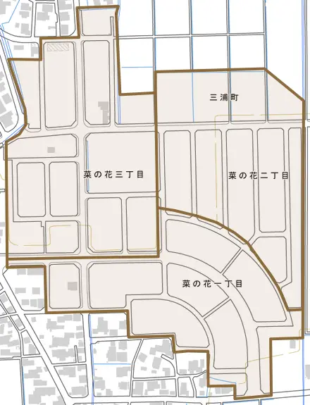 菜の花とその周辺の地図。町の範囲を重ねている