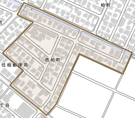 西柏町とその周辺の地図。町の範囲を重ねている