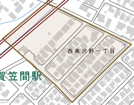 西美沢野とその周辺の地図。町の範囲を重ねている