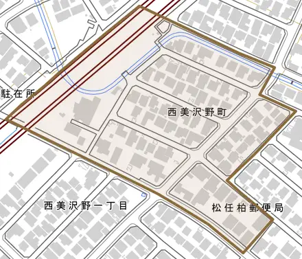 西美沢野町とその周辺の地図。町の範囲を重ねている