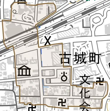 西新町とその周辺の地図。町の範囲を重ねている