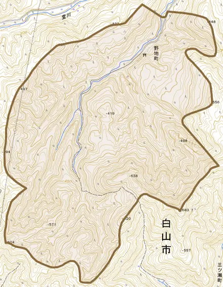 野地町とその周辺の地図。町の範囲を重ねている