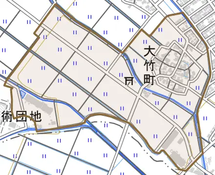 大竹町とその周辺の地図。町の範囲を重ねている