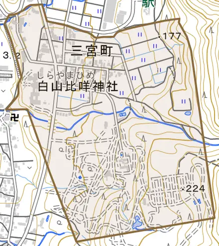 三宮町とその周辺の地図。町の範囲を重ねている