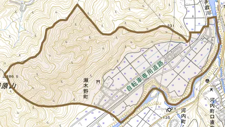 瀬木野町とその周辺の地図。町の範囲を重ねている