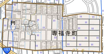 専福寺町とその周辺の地図。町の範囲を重ねている