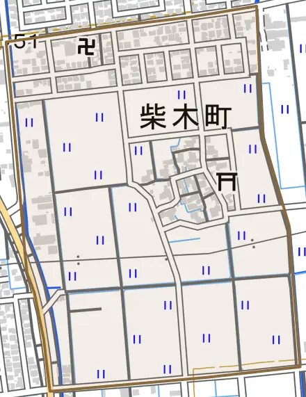 柴木町とその周辺の地図。町の範囲を重ねている