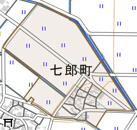 七郎町とその周辺の地図。町の範囲を重ねている