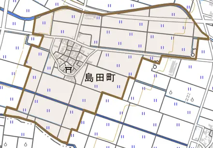 島田町とその周辺の地図。町の範囲を重ねている