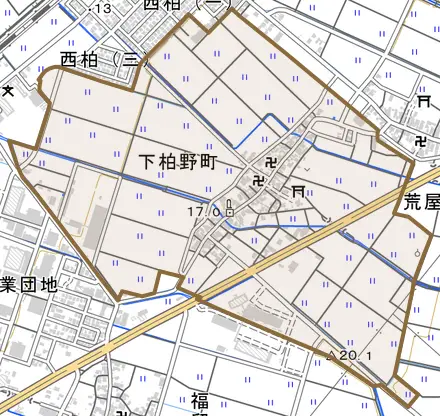 下柏野町とその周辺の地図。町の範囲を重ねている