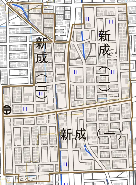 新成とその周辺の地図。町の範囲を重ねている