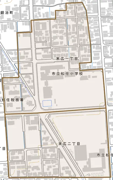 末広とその周辺の地図。町の範囲を重ねている