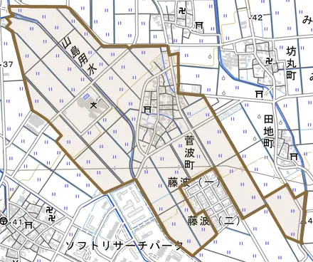 菅波町とその周辺の地図。町の範囲を重ねている