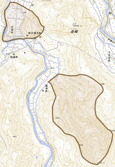 杉森町とその周辺の地図。町の範囲を重ねている