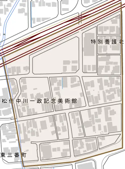 西八ツ矢区とその周辺の地図。町の範囲を重ねている
