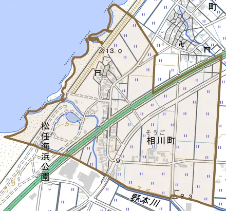 浜相川区とその周辺の地図。町の範囲を重ねている