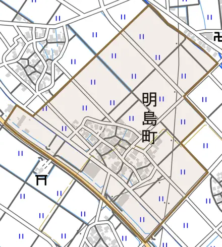 明島町中村とその周辺の地図。町の範囲を重ねている