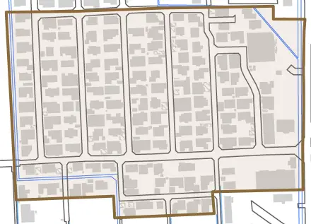 西橋爪区とその周辺の地図。町の範囲を重ねている