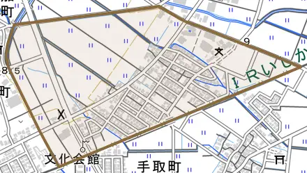 若草町とその周辺の地図。町の範囲を重ねている