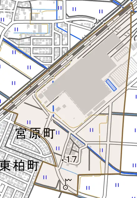 上河原区とその周辺の地図。町の範囲を重ねている