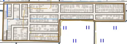 一塚新区とその周辺の地図。町の範囲を重ねている