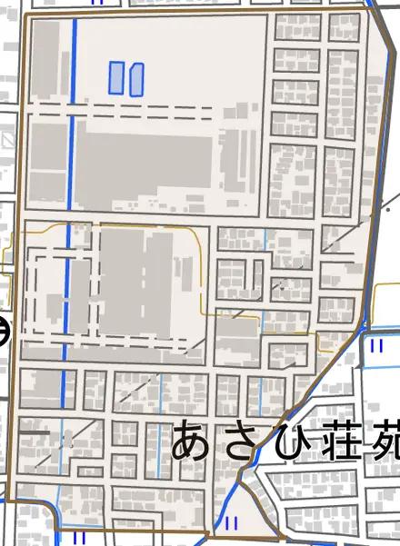 東宮永市区とその周辺の地図。町の範囲を重ねている