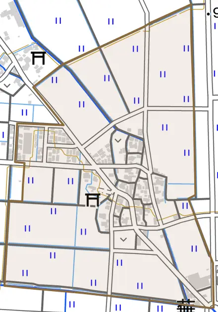 東相川区とその周辺の地図。町の範囲を重ねている