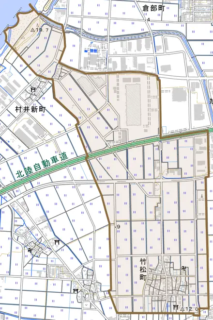 竹松町とその周辺の地図。町の範囲を重ねている
