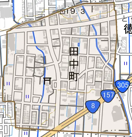 田中町とその周辺の地図。町の範囲を重ねている
