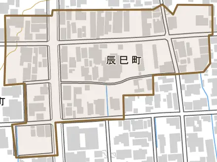 辰巳町とその周辺の地図。町の範囲を重ねている