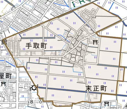 手取町とその周辺の地図。町の範囲を重ねている