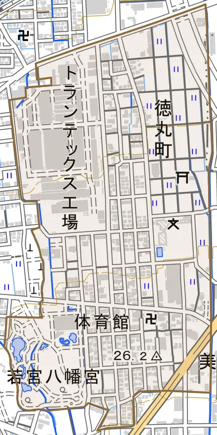 徳丸町とその周辺の地図。町の範囲を重ねている