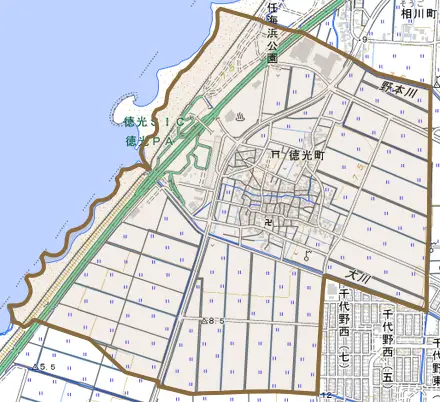 徳光町とその周辺の地図。町の範囲を重ねている