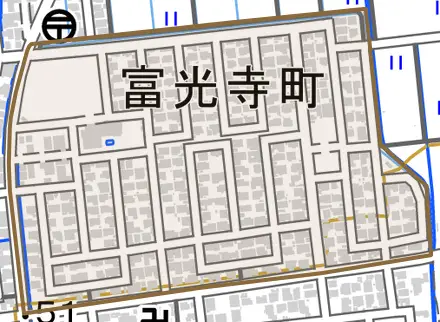 富光寺町とその周辺の地図。町の範囲を重ねている