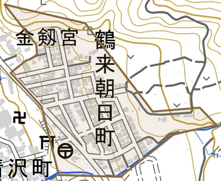 鶴来朝日町とその周辺の地図。町の範囲を重ねている