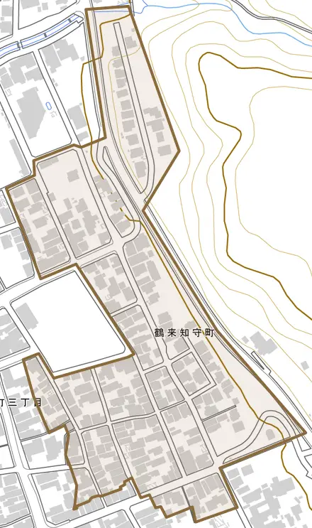 鶴来知守町とその周辺の地図。町の範囲を重ねている