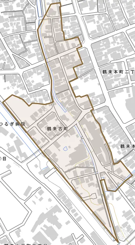 鶴来古町とその周辺の地図。町の範囲を重ねている