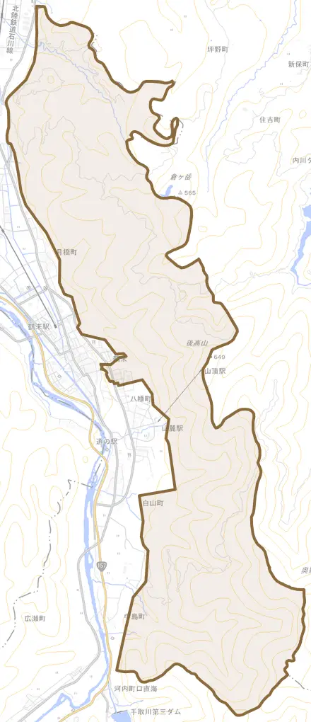 鶴来日吉町とその周辺の地図。町の範囲を重ねている